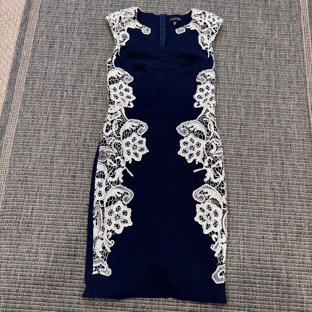 Navy Midi Dress with White Lace Panels - Feminine Sheath